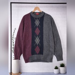 Men's Argyle Knit Sweater - Gray and Burgundy Large Academic Cotton Stone Haven